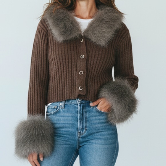 Brown Ribbed Cardigan with Faux Fur Collar & Cuffs - Picture 1 of 7